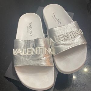 Valentino slides. Size 8 - silver with white writing. Excellent condition